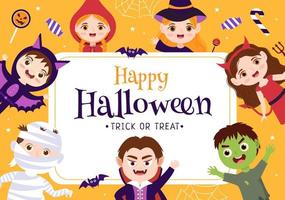 Lycklig halloween mall bakgrund hand dragen tecknad serie platt illustration med barn bär olika kostymer, besatt hus, pumpor, fladdermöss och full måne vektor