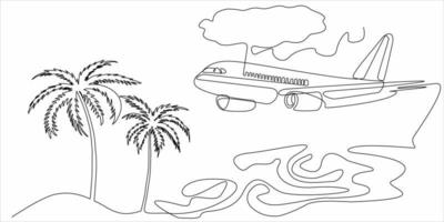 kontinuierliche Linienzeichnung von Flugzeugen und Palmen vektor