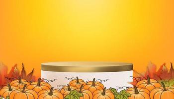 Herbsthintergrund 3D-Podium-Display-Zylinderständer mit Kürbis- und Ahornblättern auf orangefarbener Wand, vektorabstraktes Minimaldesign für Kulissenaufnahmen für Halloween- oder Herbstproduktpräsentation
