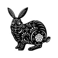 2023 Jahr Kaninchen mit Papierkunst auf weißem Hintergrund geschnitten, chinesisches Tierkreiszeichen, schöner Osterhase mit floralem, ausgefallenem Hasen mit lasergeschnittenem Muster zum Stanzen oder Schablone vektor