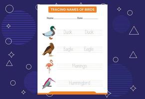 Spüre die Namen der Vögel auf. Handschriftübungen für Kinder im Vorschulalter vektor