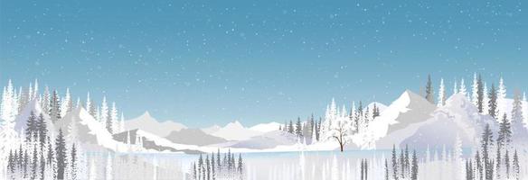 winterwunderlandlandschaft am see bedeckt mit frostbaum in den schneeverwehungen. magischer winterwald der schönen natur mit schnee, der auf blauen himmelshintergrund fällt, vektorillustrationshorizontbanner vektor