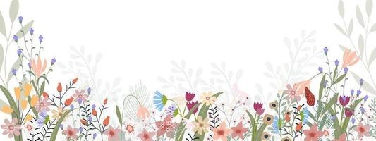muttertagsbanner mit frühlingsblumenrand auf weißem hintergrund, vektorillustration horizontaler hintergrund des blühenden florarahmens, beautiflu botanisch für gruß-cad oder hochzeitseinladung vektor