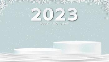 2023 Lycklig hälsning baner med studio 3d podium på snö golv på blå himmel bakgrund, vektor bakgrund papper skära snöflinga ram för vinter- Semester kort, jul försäljning säsong, rabatt, ny år 2023