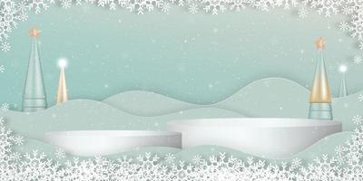 weihnachts- und neujahrshintergrund. studioraum mit 3d-zylinderständer, konischer weihnachtsbaum, schneeflockenpapierschnitt. vektorfahnenhintergrund der winterlandschaft mit weihnachtselement für feiertagsgrußkarte