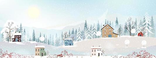 Winterwunderland-Landschaftskarte mit Silhouetten von nebligen Kiefern im Wald mit Holzscheune, Vektorillustrationsbanner friedlicher Natur im minimalistischen Stil für Weihnachten, Neujahrshintergrund vektor