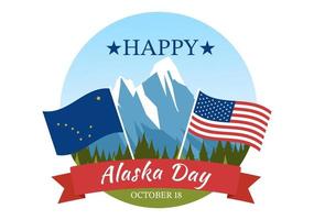 Lycklig alaska dag på oktober 18 hand dragen tecknad serie platt illustration med flagga vinka i vinter- landskap i mall för baner eller affisch vektor