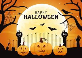 Lycklig halloween mall bakgrund hand dragen tecknad serie platt illustration med pumpor, fladdermöss och mörk slott på full måne för Lägg till din design stil vektor