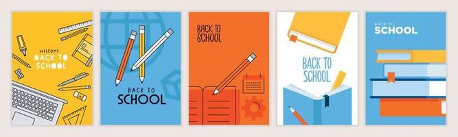 uppsättning av tillbaka till skola affischer. vektor illustration begrepp för grafisk och webb design, företag presentation, marknadsföring och skriva ut material. internationell utbildning dag, värld bok dag, lärare dag.