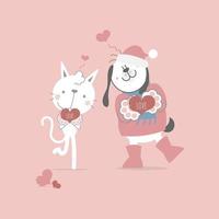 niedliche und schöne handgezeichnete katze und hund, die herz halten, glücklicher valentinstag, liebeskonzept, flache vektorillustrationskarikaturcharakter-kostümdesign vektor