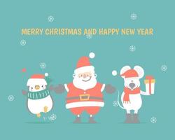 glad jul och Lycklig ny år med söt och härlig hand dragen santa claus, mus, pingvin, snöflinga, vinter- säsong grön bakgrund, platt vektor illustration tecknad serie karaktär kostym design