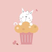 söt och härlig hand dragen katt med cupcake, kärlek begrepp, Lycklig hjärtans dag, födelsedag, platt vektor illustration tecknad serie karaktär design isolerat