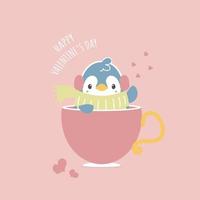 söt och härlig hand dragen pingvin i rosa kopp, Lycklig hjärtans dag, kärlek begrepp, platt vektor illustration tecknad serie karaktär kostym design