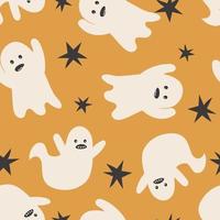 Lycklig halloween söt vektor sömlös mönster med tecknad serie spöke. kreativ barnslig textur i scandinavian stil. bra för tyg, textil- vektor illustration