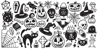 horror-set von halloween-aufkleber-skizzen-set. große reihe von handgezeichneten gekritzeln. vektor