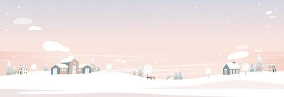 winterwunderland hintergrund,vektorbanner mit kopierraum für weihnachten, neujahrsfeier hintergrund.niedliches panorama winterberglandschaft mit haus, kiefer auf hügel in pastellrosa lila himmel vektor