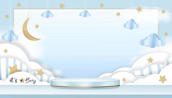 Vektor für Baby-Duschkarte auf blauem Hintergrund, niedliche Papierkunst, abstrakte Origami-Wolkenlandschaft, Halbmond und Sterne am blauen Himmel mit 3D-Podium, Papierschnitt mit Kopierraum für Babyfotos