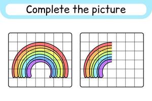 Vervollständigen Sie das Bild Regenbogen. Kopieren Sie das Bild und die Farbe. beende das Bild. Malbuch. pädagogisches Zeichenübungsspiel für Kinder vektor