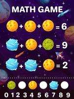 Kinder-Mathe-Spiel-Arbeitsblatt mit Cartoon-Weltraumplaneten vektor