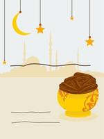 redigerbar iftar fest vektor bakgrund med en mönstrad skål av datum frukt illustration och moské silhuett också dekorerad använder sig av hängande halvmåne måne och stjärnor för affisch eller inbjudan mall