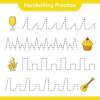 Handschrift üben. Verfolgen Sie Linien von Cocktail, Koralle, Cup Cake und Ukulele. pädagogisches kinderspiel, druckbares arbeitsblatt, vektorillustration vektor