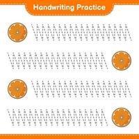 Handschrift üben. orangefarbene Linien nachzeichnen. pädagogisches kinderspiel, druckbares arbeitsblatt, vektorillustration vektor