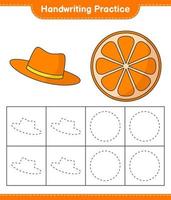handstil öva. spårande rader av orange och sommar hatt. pedagogisk barn spel, tryckbar arbetsblad, vektor illustration