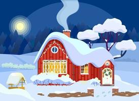 vektorillustration des winterlandhauses, das mit weihnachtskranz und -girlanden mit winternachtlandschaft im hintergrund geschmückt ist. perfekt für weihnachts- und neujahrskarten.