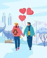 junges paar, das hände mit herzförmigen luftballons hält, die im winterpark spazieren gehen. Teenager-Paar bei einem Date am Valentinstag. Vektor-Illustration.