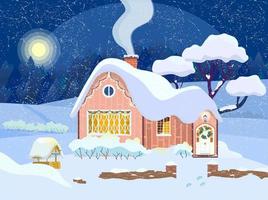 Winternachtslandschaft mit gemütlichem Haus, das mit Weihnachtskranz und Girlanden geschmückt ist. Holzbrunnen und gemauerte Hecke in der Nähe des Hauses. verschneite Nacht mit Schornsteinrauch am Himmel.