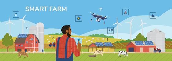 smart bruka horisontell vektor baner. afrikansk amerikan jordbrukare innehav läsplatta hantera bruka med mobil app med Allt jordbruk data. lantlig landskap med sol- paneler, väderkvarnar, Drönare, kor, traktor.
