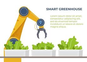 intelligentes gewächshaus flaches vektorbanner. landwirtschaftsautomatischer roboter in der nähe von salatplantagen. vektor