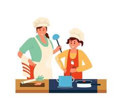 mor med dotter i förkläden och kock hattar med slevar framställning middag tillsammans. familj aktiviteter. isolerat på vit. platt vektor illustration.