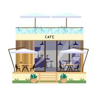 vektorillustration des cafégebäudes. zweistöckiges café außen mit terrasse und sonnenschirmen. flacher Stil. vektor