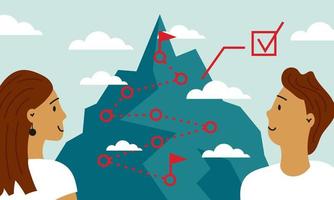 Führungsberg Leistung und Richtung des Charakterwachstums. karriere zukunft strategie anstieg vektor illustration konzept. Kooperationsteam beendet und erreicht Flagge. Fortschrittstraining und Klettergipfel