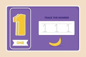Übungsblatt Nummer eins zum Nachzeichnen mit 1 Banane. Konzept zum Schreiben und Zählen von Zahlen. Vektor-Illustration.