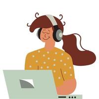 mädchen, das musik auf laptop und personkarikatur-frauenillustration mit kopfhörer hört. junge weibliche figur mit computer- und kopfhörerhör- oder lebensstilbildungsstudentin. Teenager mit Gadget vektor