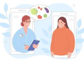 uppkopplad samråd. kvinna dietist råder ett övervikt kvinna, läkare ger rekommendationer på rätt näring vektor