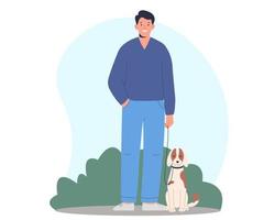 ung man står med en hund. man promenader med hans sällskapsdjur. vektor
