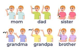 tecken språk familj samling med tecknad serie karaktär pojke vektor