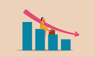 Der Graph der Wirtschaft ging nach unten, das Wachstum der Arbeitslosigkeit. Markthandelsprobleme. frauen sitzen auf dem diagramm und sind traurige vektorillustration. Das Geschäft ist niedrig und der Pfeil fällt. verlorenes Geld vektor