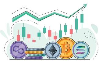 tillväxt trender av bitcoin och kryptovalutor. hausse Vinka i de kryptovaluta marknadsföra. bitcoin, solana, polygon, ethereum pris stiga. en Bra crypto tillväxt trend. grön pil och mynt logotyp. vektor