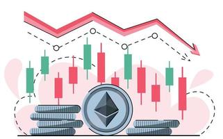 Björn trender av eterum. Björn röd ner pil i de kryptovaluta marknadsföra. eth pris, Björn marknadsföra. crypto ner trend. japansk ljus och logotyp eter mynt. vektor isolerat på vit