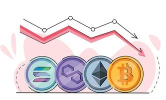 bitcoin, solana, polygon, ethereum mynt faller Björn röd ner pil i de kryptovaluta marknadsföra. Björn marknadsföra. crypto ner trend. japansk ljus och mynt logotyp. vektor isolerat på vit