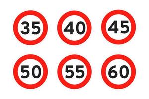 hastighet begränsa 35, 40, 45, 50, 55, 60 runda väg trafik ikon tecken platt stil design vektor illustration uppsättning