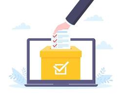 Design-Vektorillustration des Online-Abstimmungskonzepts im flachen Stil. Riesenhand legt Stimmzettel zur Urne auf Laptop-Bildschirm Online-Umfragekonzept.