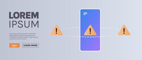 problem smartphone Ansökan programvara fel och teknologi utrop mark ikon smartphone skärm varna varning underrättelse begrepp horisontell platt vektor illustration.