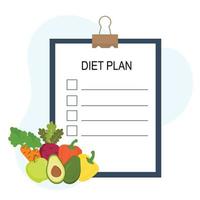 Gesunder Ernährungsplan. Ernährungsplanung. Gewichtsverlust-Konzept. Diätplaner mit Papier auf Klemmbrett und frischem gesundem Lebensmittel lokalisiert auf weißem Hintergrund. gesunde ernährung, gewichtsverlust und ernährung. vektor
