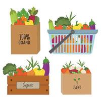 Basteltüten, Holzkiste und ein Einkaufskorb voller ökologischem, gesundem und biologischem Gemüse. vegetarische Produkte, Bio-Gemüse vom Erzeuger zum Tisch. Lieferung von gesunden Lebensmitteln. richtige Ernährung. vektor