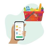Online-Lebensmitteleinkaufsbenutzer bestellen Lebensmittel online mit einer mobilen App, die auf Weiß isoliert ist. Hand mit Telefon macht Online-Bestellung. Supermarktkorb voller Lebensmittel. Online-Lieferkonzept für Lebensmittel. vektor